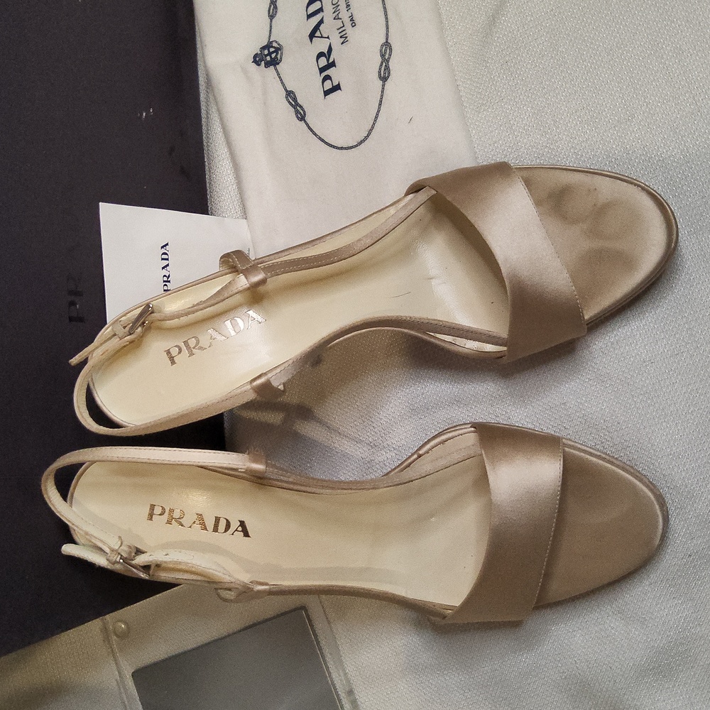 Prada Raso Sabbia champagne satin platform peep toe sandals pumps heels shoes - Picture 2 of 9
